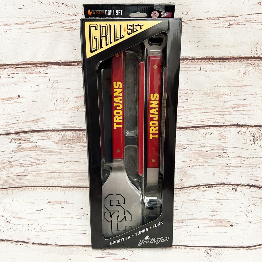 USC TROJANS Spirit Series 3-Piece BBQ Grill Set Stainless Steel Red Handles